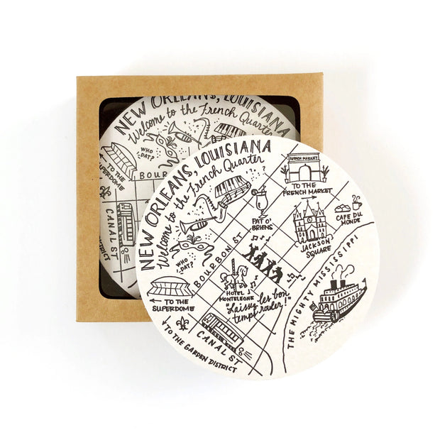 French Quarter, New Orleans Map Letterpress Coasters