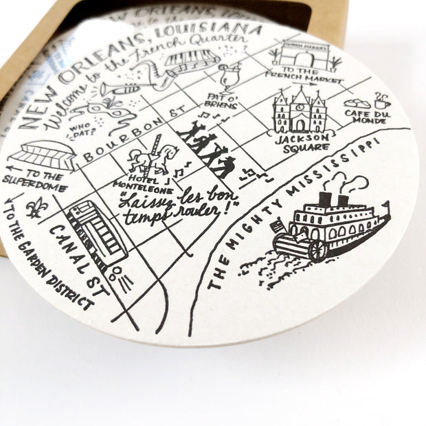 French Quarter, New Orleans Map Letterpress Coasters