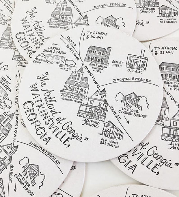 Watkinsville, Georgia Map Letterpress Coasters