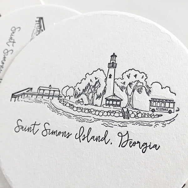 Saint Simons Island, Georgia Skyline Letterpress Coasters