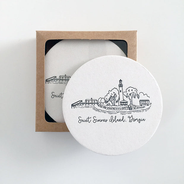 Saint Simons Island, Georgia Skyline Letterpress Coasters