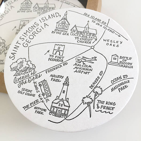 Saint Simons Island, Georgia Map Letterpress Coasters