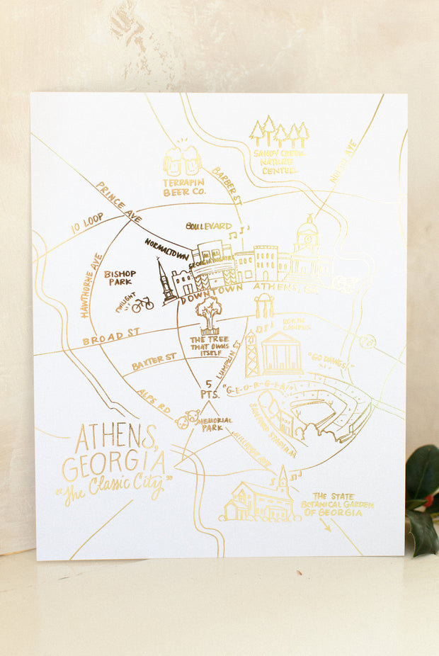 Athens, Georgia Gold Foil Map