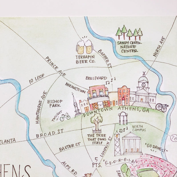 Athens, Georgia Watercolor Map