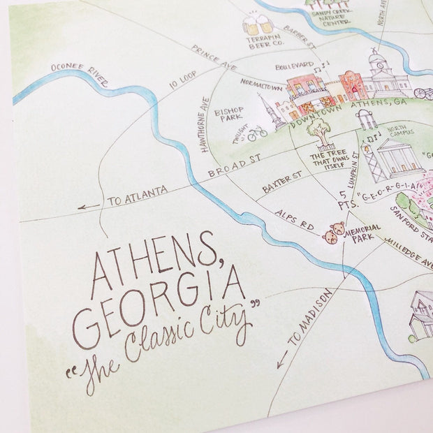 Athens, Georgia Watercolor Map Art Print