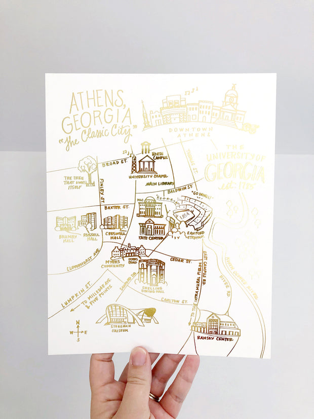 University of Georgia Gold Foil Map Art Print