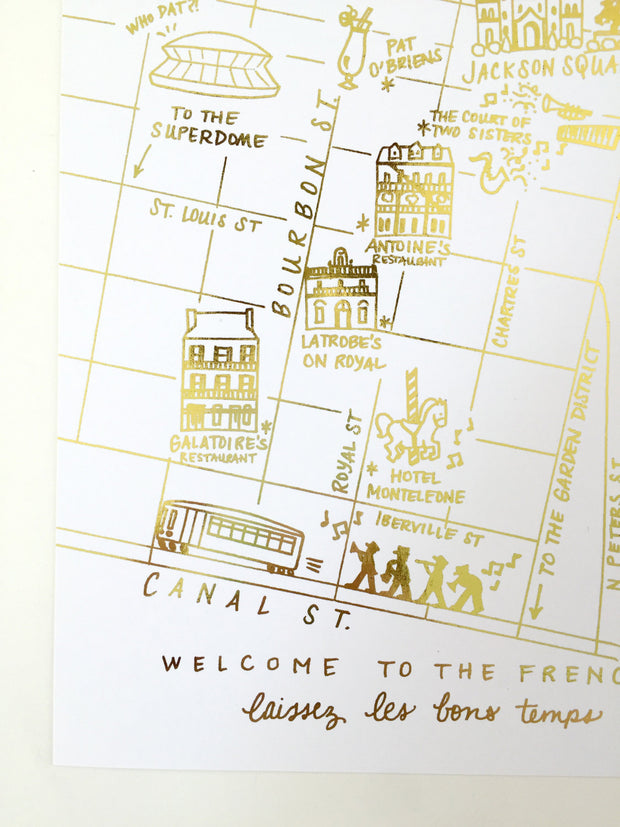 New Orleans, Louisiana Gold Foil Map