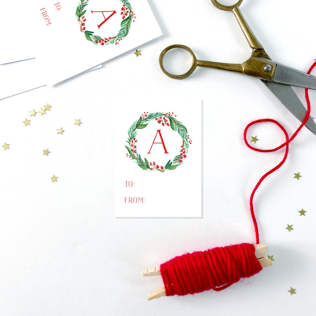 Red Monogram Wreath Gift Tags